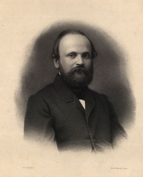 An lithograph of Robert Remak, a man with a full beard and mustache in a black suit. This print was may by George Engelback, dated before 1865'. Lithographie von Georg Engelbach (1817—1897), Public domain, via Wikimedia Commons