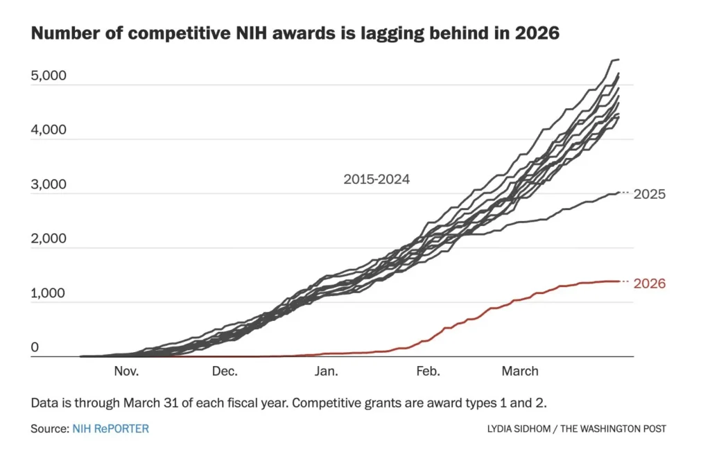 Line chart titled “Number of competitive NIH awards is lagging behind in 2026.” The chart shows cumulative counts of competitive NIH grants awarded from November through March for multiple fiscal years. Gray lines represent fiscal years 2015–2024, which rise steadily to roughly 4,000–5,000 awards by March. A darker gray line for 2025 reaches about 2,800 awards. A red line for 2026 rises much more slowly, reaching only around 1,200 awards by late March. A note below states that data are through March 31 of each fiscal year, that competitive grants are award types 1 and 2, and that the source is NIH RePORTER. The chart is credited to Lydia Sidhom / The Washington Post.